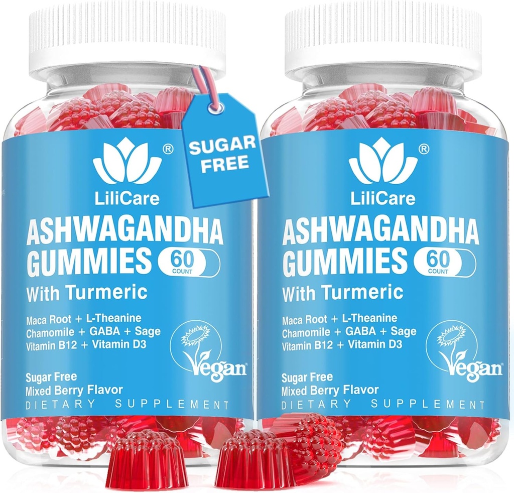 Ashwagandha Gummies 2000mg for kvinder Mænd - Sugar Free, Vegan - Organic Ashwagandha Root Extract Kosttilskud Gummy & Vitamin D3, B12 og Gurkemeje, Promote Relaxation, Blandet Berry Flavor, 120 Greve