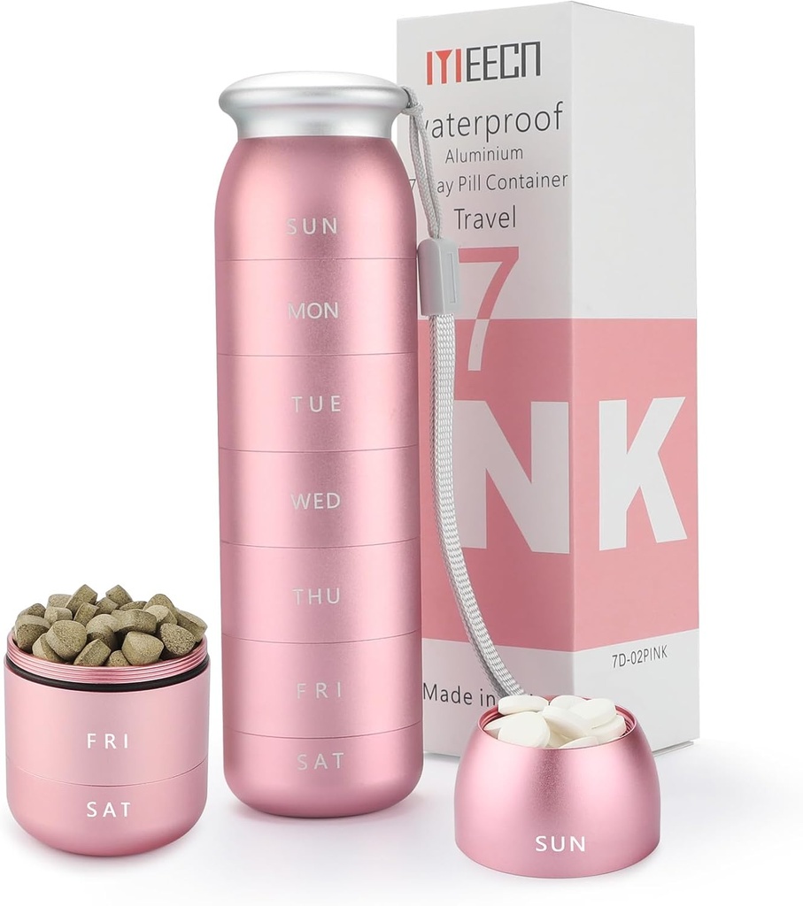 Ugentlig Pill Organizer, Bærbar Rejser 7 Dag, Vandtæt Container, Stor, Aluminium, Metal, Hold Vitamin, Torsk Lever Olie, Kosttilskud og Medicin (Pink)