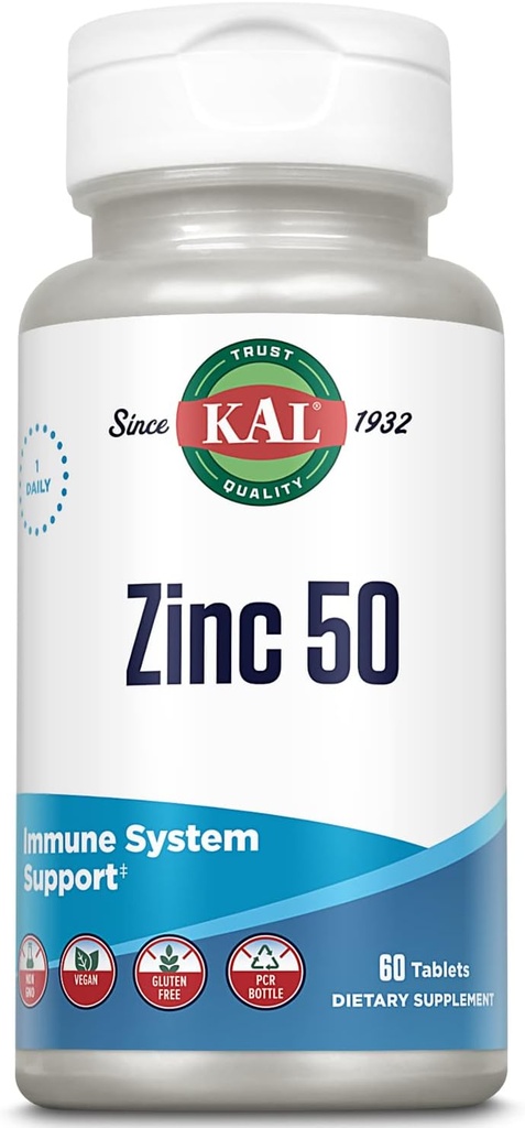 KAL Zinc 50mg Hydroxy Acid Complex, Healthy Metabolism and Immune Support Supplement with Zinc Orotate, Zinc Citrate, Enhanced Absorption w/ActiSorb, Vegan, Gluten Free, Non-GMO, 60 Serv, 60 Tablets