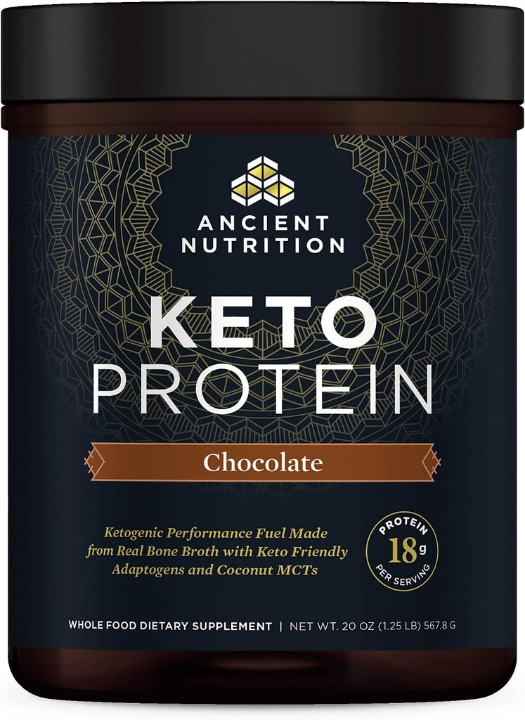 Ancient Nutrition Keto Protein Powder, KetoPROTEIN with Fats from Bone Broth and MCT Oil, Chocolate, 18g Protein 10g Fat Per Serving, Gluten Free, Low Carb, Paleo Friendly, 17 Servings