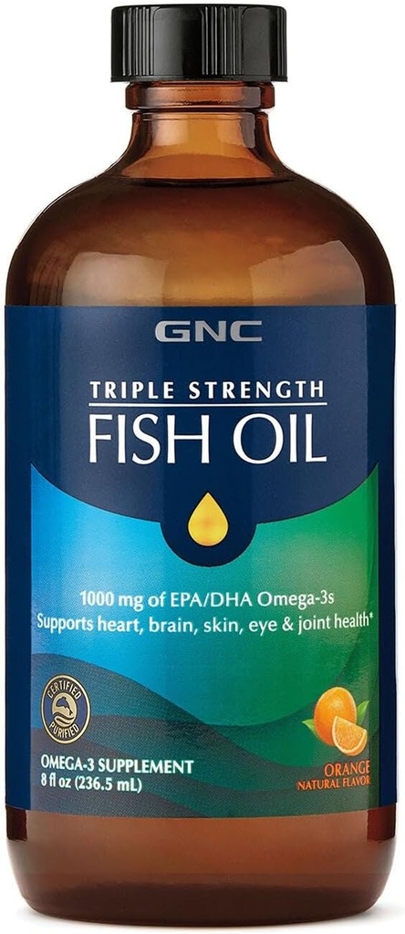 GNC Triple Strength Fish Oil Liquid Supplement, Wild Deep Ocean Caugt. med 1000mg EPA DHA Omega 3s, for, Heart, Brain, Hud, Øje, fælles sundhed, Natural Orange Flavor, 8 Fl Oz, 47 Serveringer