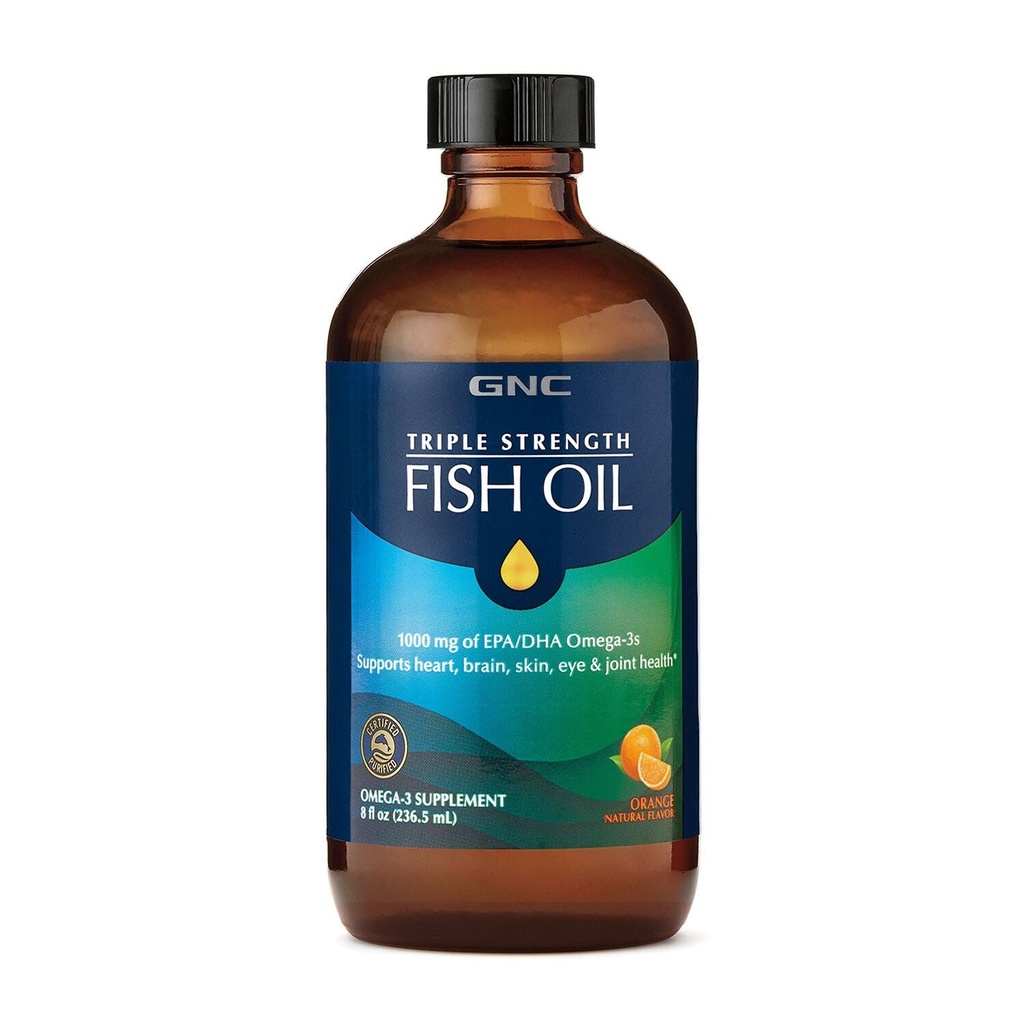 GNC Triple Strength Fish Oil Liquid Supplement, Wild Deep Ocean Caugt. med 1000mg EPA DHA Omega 3s, for, Heart, Brain, Hud, Øje, fælles sundhed, Natural Orange Flavor, 8 Fl Oz, 47 Serveringer