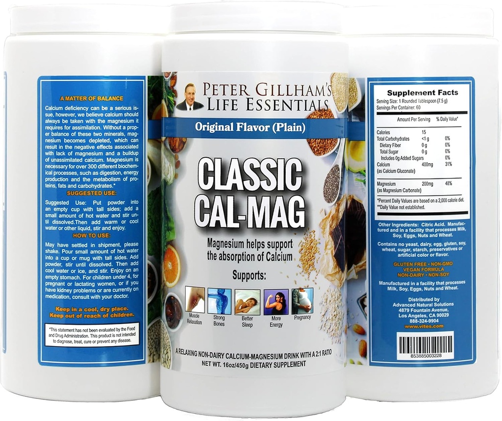 Peter Gillhams Cal- Mag, Høj Absorption 2: 1 Calcium & Magnesium Citrate Powder; Understøtter en sund reaktion på stress, Muskulært & Knoglehelbred, Reducere kramper, Unflavored 16 oz
