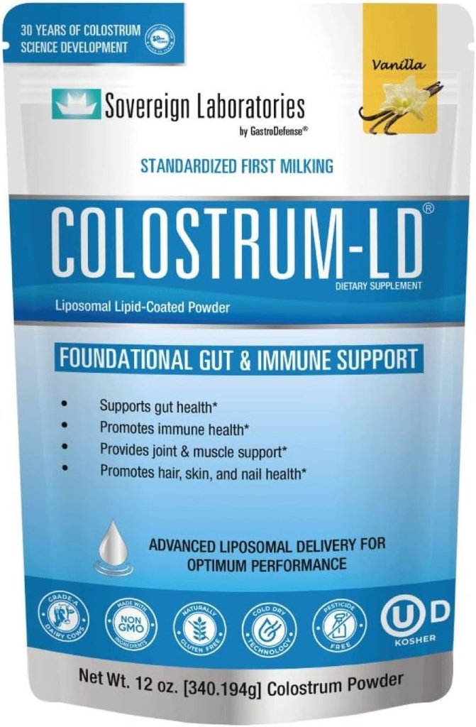 Colostrum- LD Liposomal Levering - Colostrum Powder - Gluten- Free, Lactose- Reduceret - 68 Serveringer - Sovereign Laboratories - 12oz Vanilla