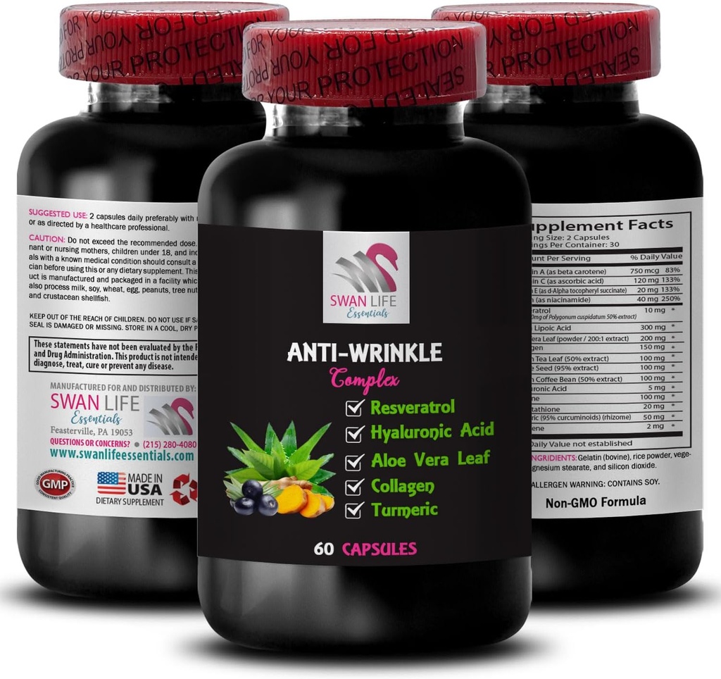 Age-Defying Ingredients - ANTI-WRINKLE COMPLEX - Resilience Support, Aloe Vera Leaf Benefits, Plumping Action, Glycine Benefits, Fresh Complexion, Smooth Texture, Hydration Power 1 Bottle 60 Capsules