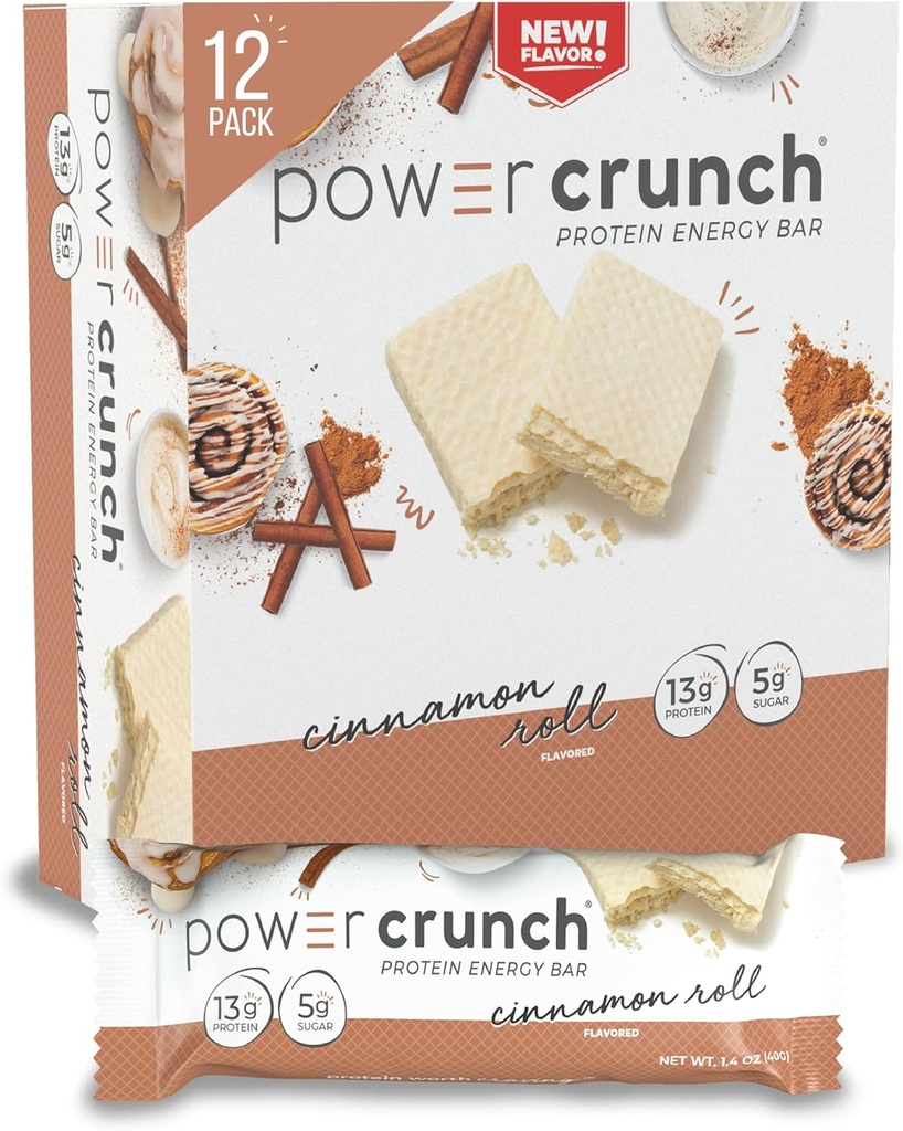 Power Crunch Protein Wafer Bars, High Protein Snacks with Delicious Taste, Cinnamon Roll, 1.4 Ounce (12 Count)