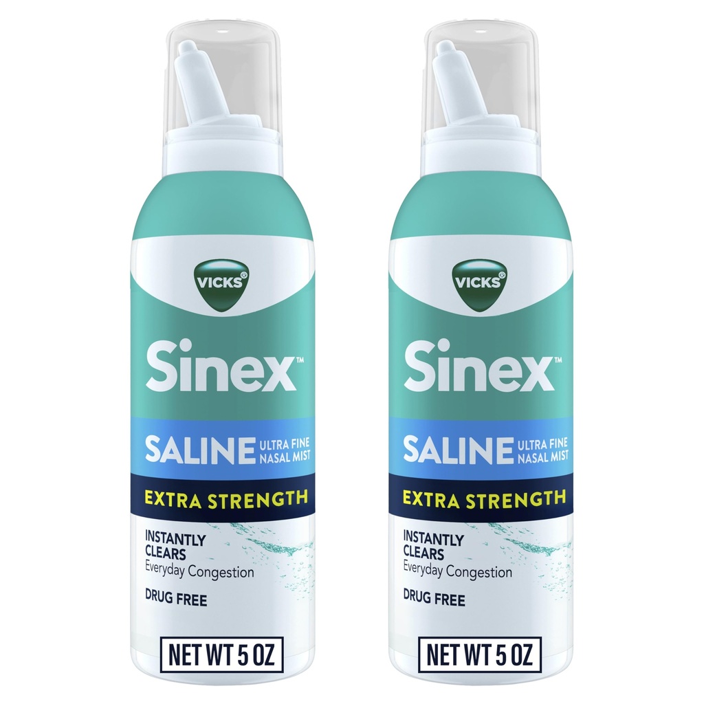 VICKS Sinex Saline Extra Strength Nasal Spray, 3X Koncentreret * Drug Free Ultra Fine Mist, Straks Rydder Mucus, Ultra Koncentreret til Clear Congestion Hurtig, Sikker til daglig brug, 5 OZ x 2