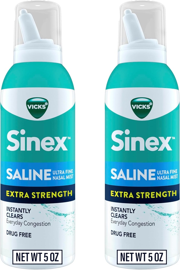 VICKS Sinex Saline Extra Strength Nasal Spray, 3X Koncentreret * Drug Free Ultra Fine Mist, Straks Rydder Mucus, Ultra Koncentreret til Clear Congestion Hurtig, Sikker til daglig brug, 5 OZ x 2