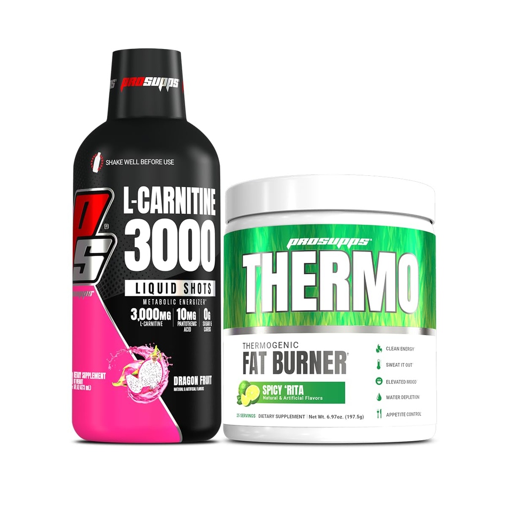 PROSUPPS L- Carnitin 3000 Stimulant Free Liquid Shots (31 Servere, Dragon Fruit) og Thermo Fat Burning Termogent Powder (25 Servere, Spicy 'Rita) Bundle