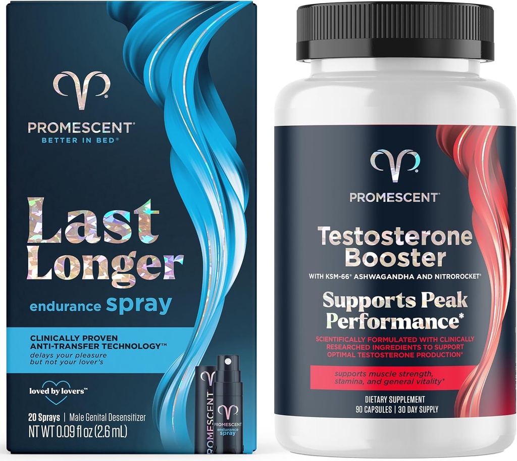 Promescent Delay Spray til ham (2,6 ml) + Testosteron Booster til mænd tillæg med Tongkat Ali (LongJack), KSM- 66 Ashwagandha, Horny Goat Weed