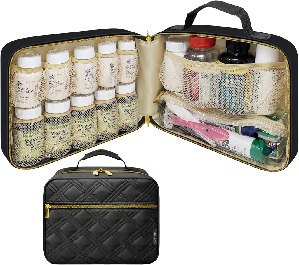 Stor quiltet pilleflaske Organizer, Medicine Bag, Case, Carrier for Medicin, Vitaminer, og medicinske forsyninger - Rejse Medicin Organizer og Home Storage Med Bag - Sort (uden lås)
