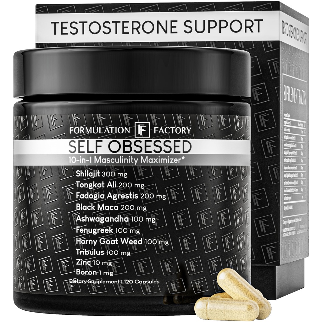 Formulering Factory Self Obsessed 10 i 1 Maskulinitet Maximizer Supplement, Shilajit for Mænd, Tongkat Ali, Ashwaganda, Fanugreek Muscle Growth, Energy, Drive, Strength, Recovery 2 Måned (Pack of 1)