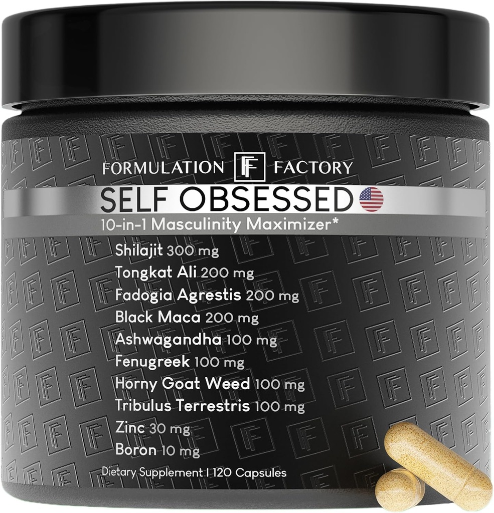 Formulering Factory Self Obsessed 10 i 1 Maskulinitet Maximizer Supplement, Shilajit for Mænd, Tongkat Ali, Ashwaganda, Fanugreek Muscle Growth, Energy, Drive, Strength, Recovery 2 Måned (Pack of 1)