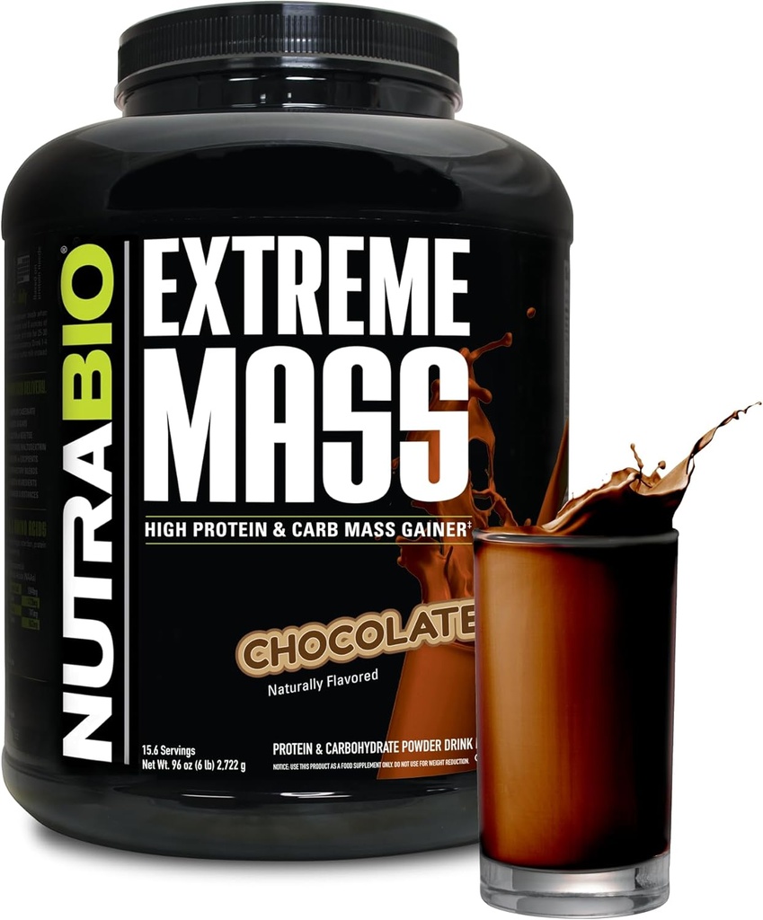 Nutrabio Ekstrem Mass Gainer Protein Powder, 53G Protein, Ren Vægt Gainer, Øge muskelmasse, Fuld Spektrum Aminosyre - Chokolade, 6 Pund