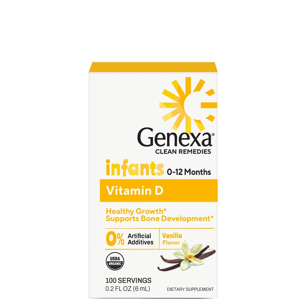 Genexa Infants Vitamin D flydende dråber til nyfødte, Baby & Toddler Budding- 124; Understøtter vækst & Knogleudvikling 124; Lækker Økologisk Vanilje Flavor Budding- 124; Certificeret Økologisk, Glutenfri, & Non- GMO Budding- 124; 90 Servering