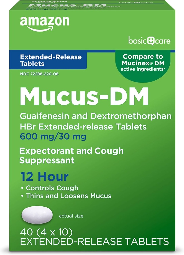 Basic Care Mucus Relief DM, 12 Hour Guaifenesin & Dextromethorphan Hydrobromid Extendeded - Release Tablets, 600 mg / 30 mg, 40 Greve (pakning med 1) (Emballage kan variere)