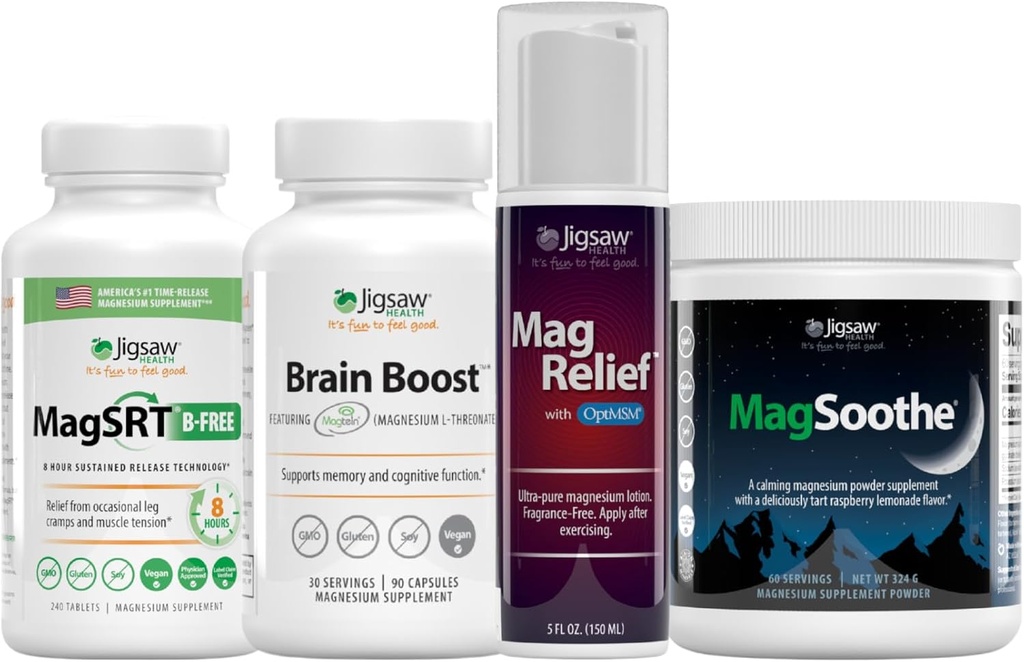 Jigsaw Health Ultimate B- Free Magnesium Bundle Bundle 124; MagSRT (B- Free), 240 tabletter, Brain Boost, 90 kapsler, MagRelief, 5 ounces (Lotion), og Magsoothe (Raspberry Lemonade), 60 Servere (Jar)