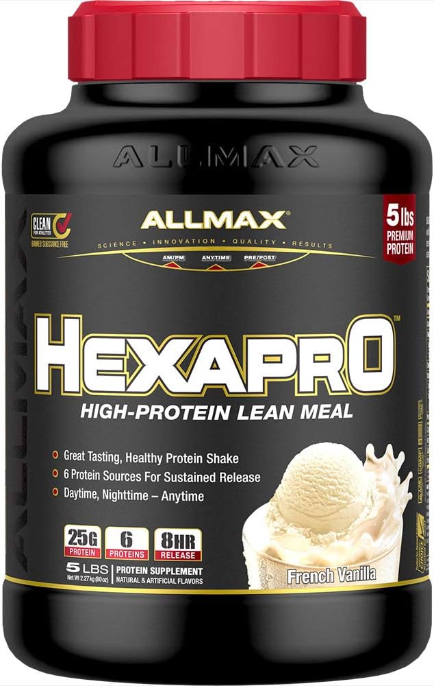 ALLMAX Nutrition HEXAPRO, Fransk Vanilla - 5 LB - 25 Bedste Protein Per Servering - 8-timers Vedvarende udgivelse - Zero Sugar - 52 Servering