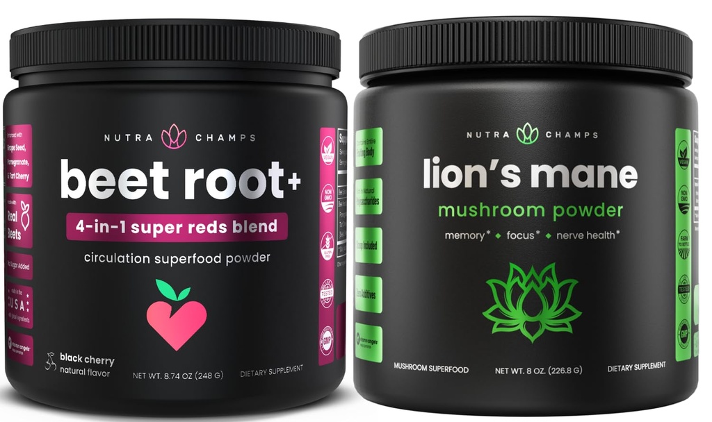 NutraChamps Beet Root Powder & Lions Mane Powder. Kraftig cirkulation og adaptogen blandinger