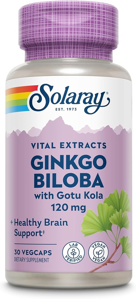 SOLARAY Ginkgo Biloba Extract med Gotu Kola - Ginko Biloba Kapsler til Brain Health Support - Vegan, Lab Verified, 60-dages garanti - 60 Servere, 60 VegCaps (30 VegCaps)