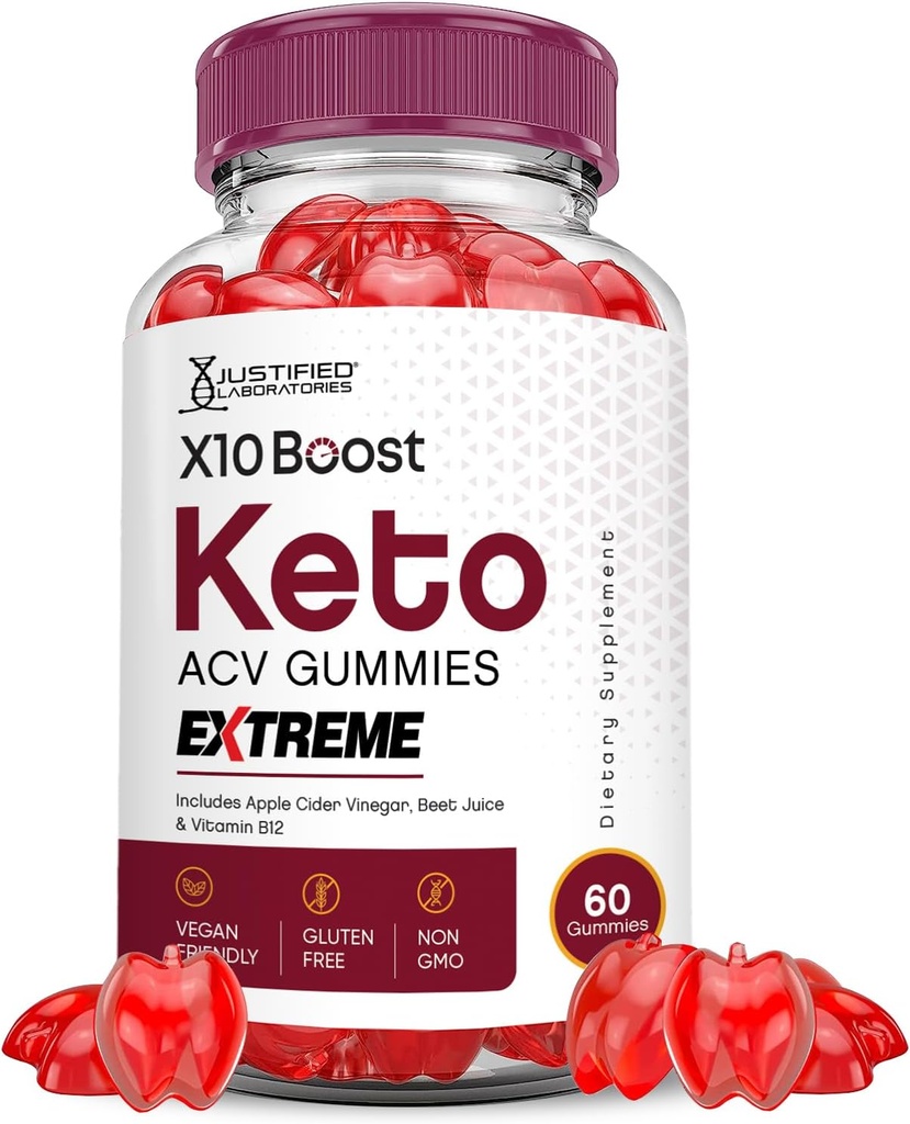Justified Laboratories X10 Boost Keto ACV Gummies Extreme 2000MG X 10 Boost Keto Gummies Apple Cider Vinagar Formuleret med Pomegranate Beet Juice Powder B12 Vegan Non GMO 60 Gummys