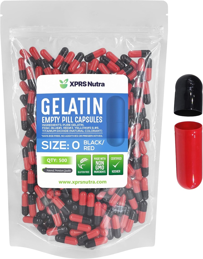 XPRS Nutra Størrelse 0 Tomme kapsler - 500 Tomme Gelatine kapsler - Piller selv Kapselfyld - Pure Bovin Pill Gel Caps til Do- It- Yourself Kosttilskud (sort / rød)