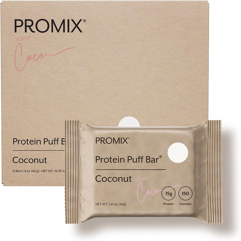 ProMix Nutrition Protein Puff Bars - Coconut - Marshmallow Crispy Treat - Great Tasting & Sund On The Go Snack - High Protein & Low Calorie - Gratis fra Gluten, Soy, & Corn - 12 Barer