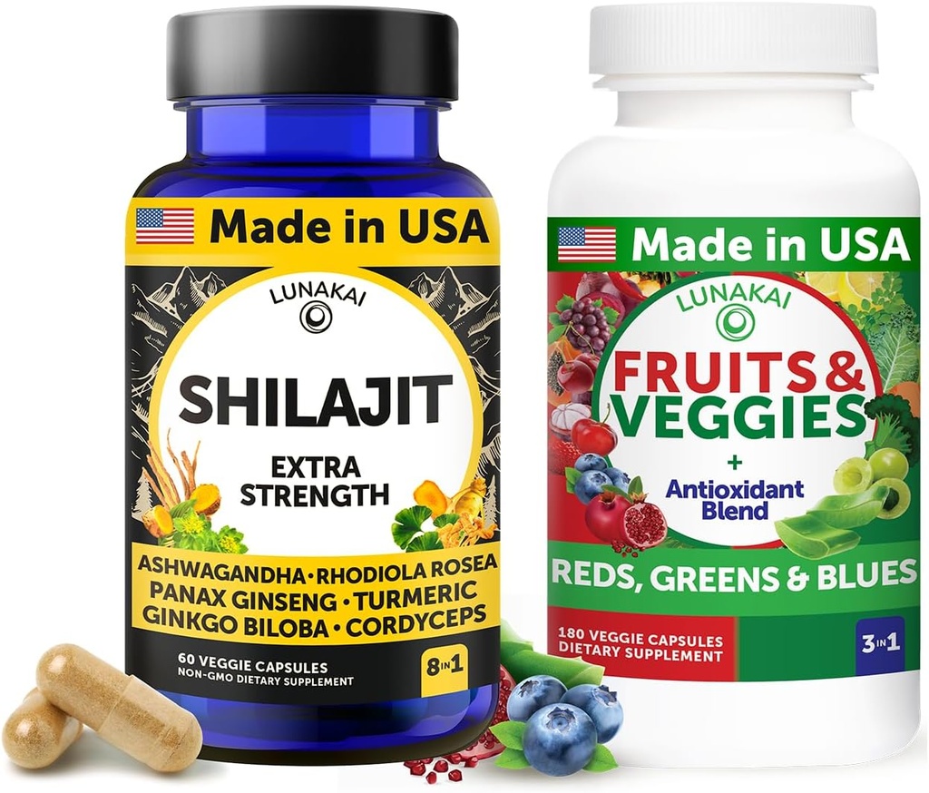 Lunakai USA Made Shilajit & Superfood Fruits & Veggies Supplement Bundle with Ashwagandha, Rhodiola, Cordyceps & 4 Blends for Energy & Wellness