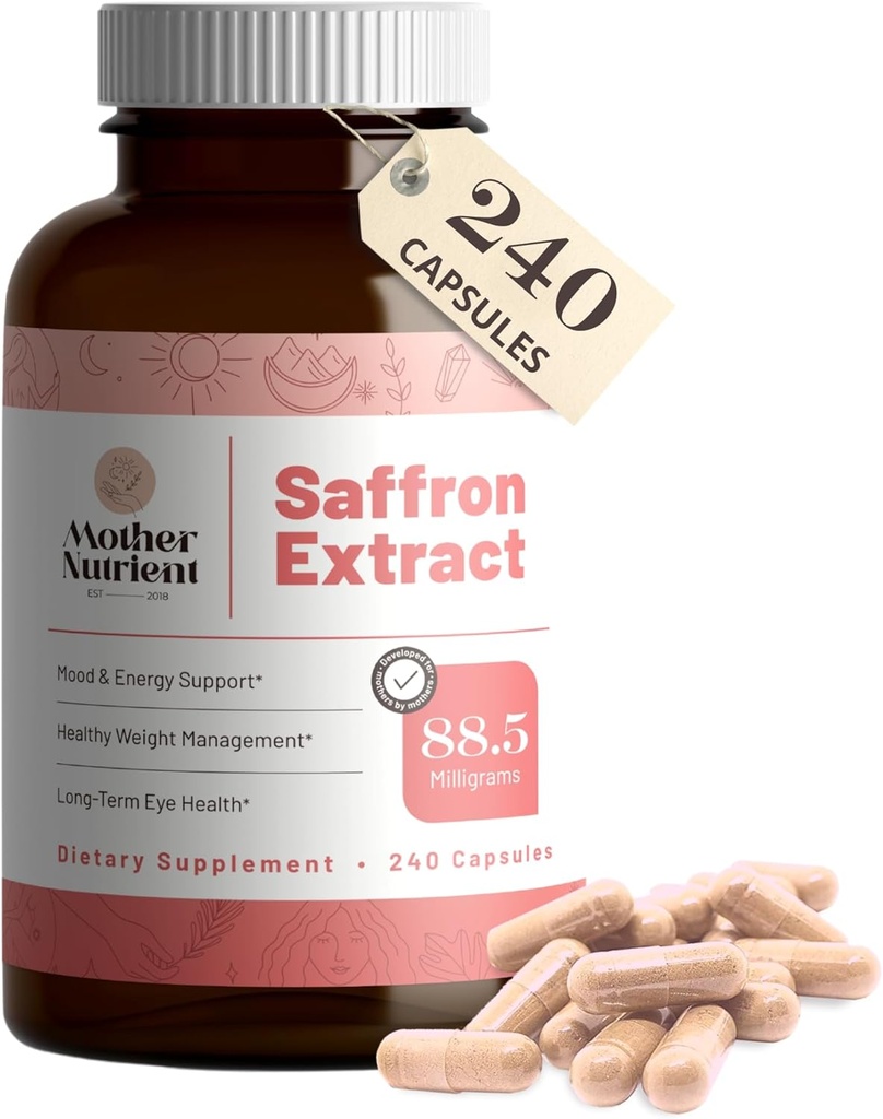 Mother Nutrient - Saffron Extract Kosttilskud til kvinder & mænd, Pure Saffron Extract Supplement, Pure Crocus Sativus - Non-GMO, Vegan- Friendly, 88.5mg per servering - 240 Veggie Capsules, 7-måned
