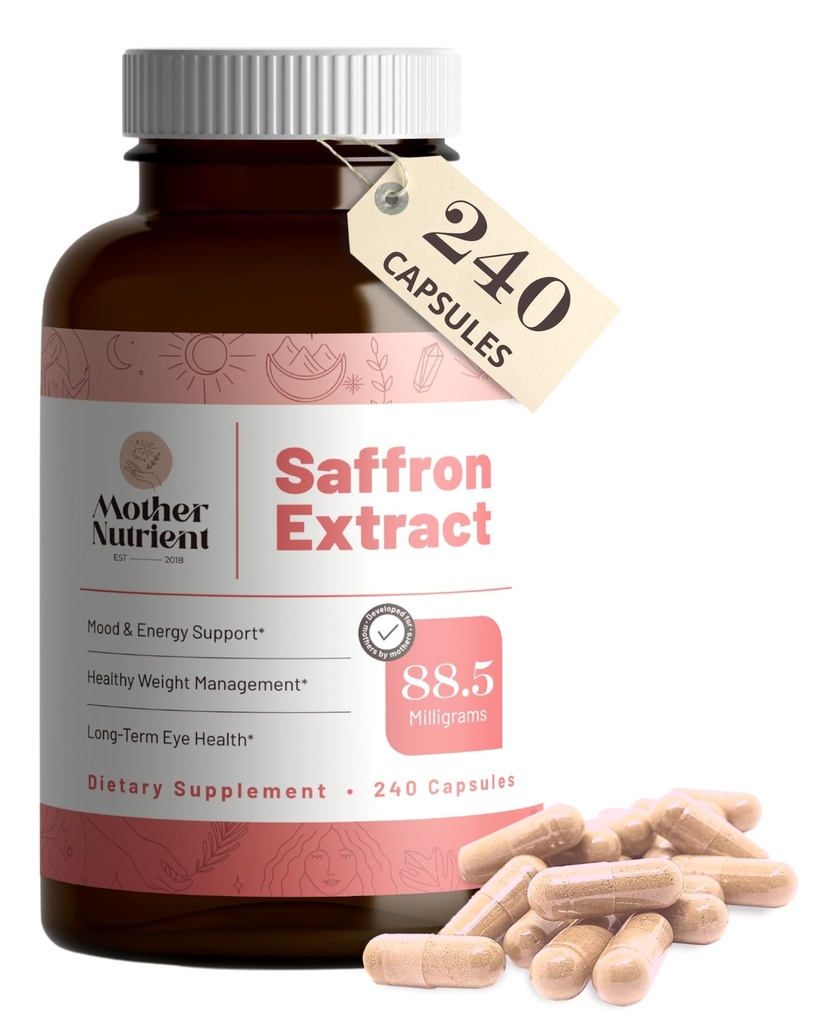 Mother Nutrient - Saffron Extract Kosttilskud til kvinder & mænd, Pure Saffron Extract Supplement, Pure Crocus Sativus - Non-GMO, Vegan- Friendly, 88.5mg per servering - 240 Veggie Capsules, 7-måned