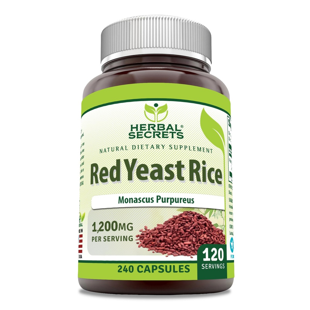 Herbal Secrets Red Gær Rice 1200 Mg per Serving, 240 Veggie Kapsler Supplement 124; Non- GMO Note 124; Gluten Free
