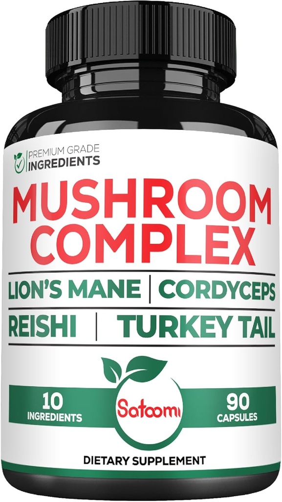 Satomi 10in1 Lions Mane Supplement Complex - Blandet med Cordyceps Sinensis, Reishi Mushroom, Tyrkiet Tail Mushroom & andre - 90 Tæl for 3 Måneder