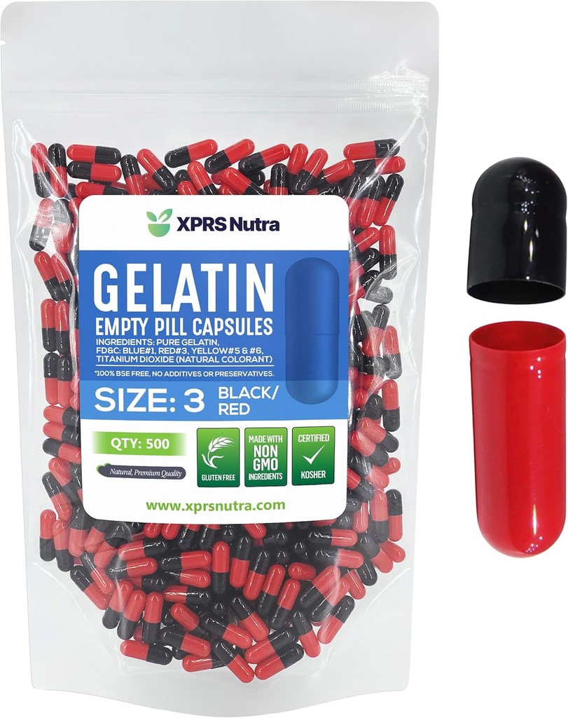 XPRS Nutra Størrelse 3 Tomme kapsler - 500 Tomme Gelatine kapsler - Piller gør det - Pure Bovin Pill Gel Caps Fyldelig Do- It- Yourself vitaminer og kosttilskud (sort / rød)