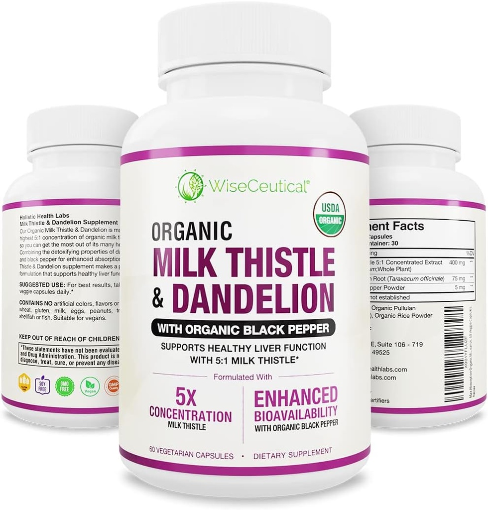 Max Absorption USDA Organic Milk Thistle Potent 5: 1 Koncentreret ekstrakt (2000mg styrke) & Organic Mælkebøtte Root Dex124; Silymarin Antioxidant Flavonoid Dex124; Leverstøtte Supplement (60 Tæl (pakke med 1))