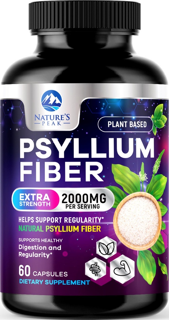 Psyllium Husk Fiber Supplement 1500mg - Vegansk Prebiotic, Opløselig Fiber til daglig fordøjelsesmæssig sundhed og regelstøtte, Natural Psyllium Powder Caps, Sugar- Free, Non- GMO & Gluten- Free - 60 kapsler
