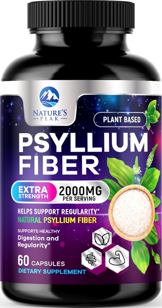 Psyllium Husk Fiber Supplement 1500mg - Vegansk Prebiotic, Opløselig Fiber til daglig fordøjelsesmæssig sundhed og regelstøtte, Natural Psyllium Powder Caps, Sugar- Free, Non- GMO & Gluten- Free - 60 kapsler