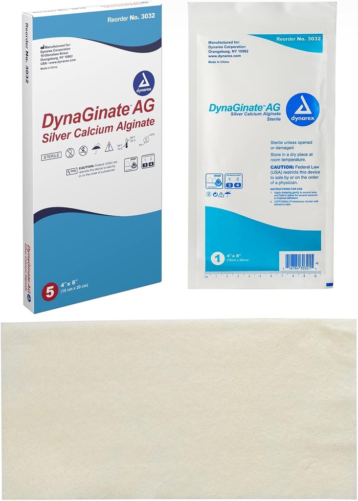 Dynarex Dynaginate AG Silver Calcium Alginate Dressings - 4 "x8", Calcium Alginate Wound Dressing med Silver Ions, 1 sag af 50 Dynaginate AG Dressings - 4 "x8" - 1 kasse med 5