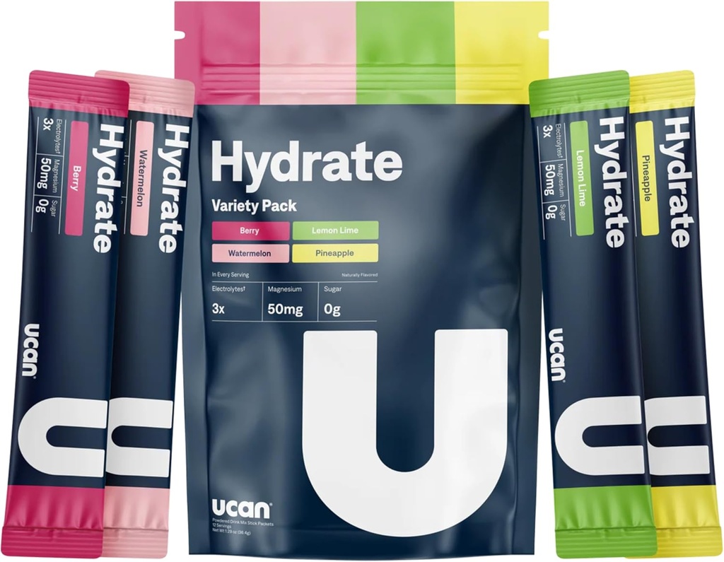 UCAN Hydrate Electrolyte Drink Mix (Variety Pack, 12 Stickpacks) Sugar- Free, Keto- Friendly, Vegan, Non- GMO, Gluten- Free Electrolyte Powder med kalium & Magnesium til løbere og atleter