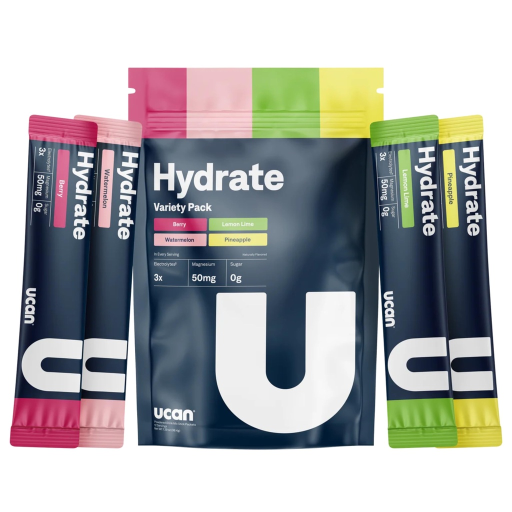 UCAN Hydrate Electrolyte Drink Mix (Variety Pack, 12 Stickpacks) Sugar- Free, Keto- Friendly, Vegan, Non- GMO, Gluten- Free Electrolyte Powder med kalium & Magnesium til løbere og atleter