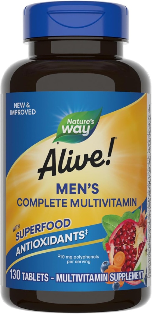 Naturen er i live! Mænds Complete Daily Multivitamin, Understøtter Energi Metabolisme & Muskelfunktion *, med B-Vitaminer, Gluten Free, 130 tabletter (Packaging May Vary)