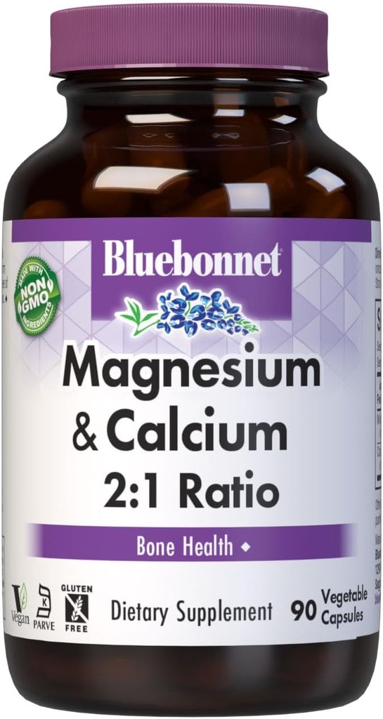 Bluebonnet Nutrition Magnesium & Calcium 2: 1 Ratio, Knoglehelbred *, Non- GMO, Vegan, Kosher Certified, Gluten- Free, Soy- Free, Dairy- Free, 90 Vegetabilske kapsler, 30 Servere