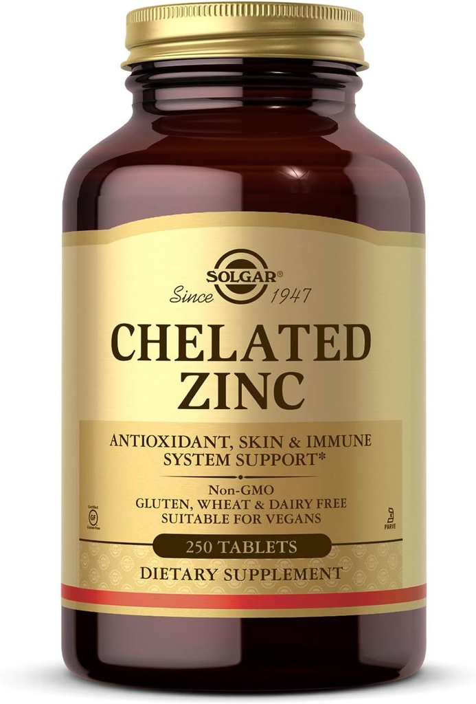 Solgar Chelated Zinc, 250 Tablets - Zinc for Healthy Skin - Supports Cell Growth & DNA Formation - Exerts Antioxidant Activity - Supports A Healthy Immune System - Non GMO, Vegan - 250 Servings