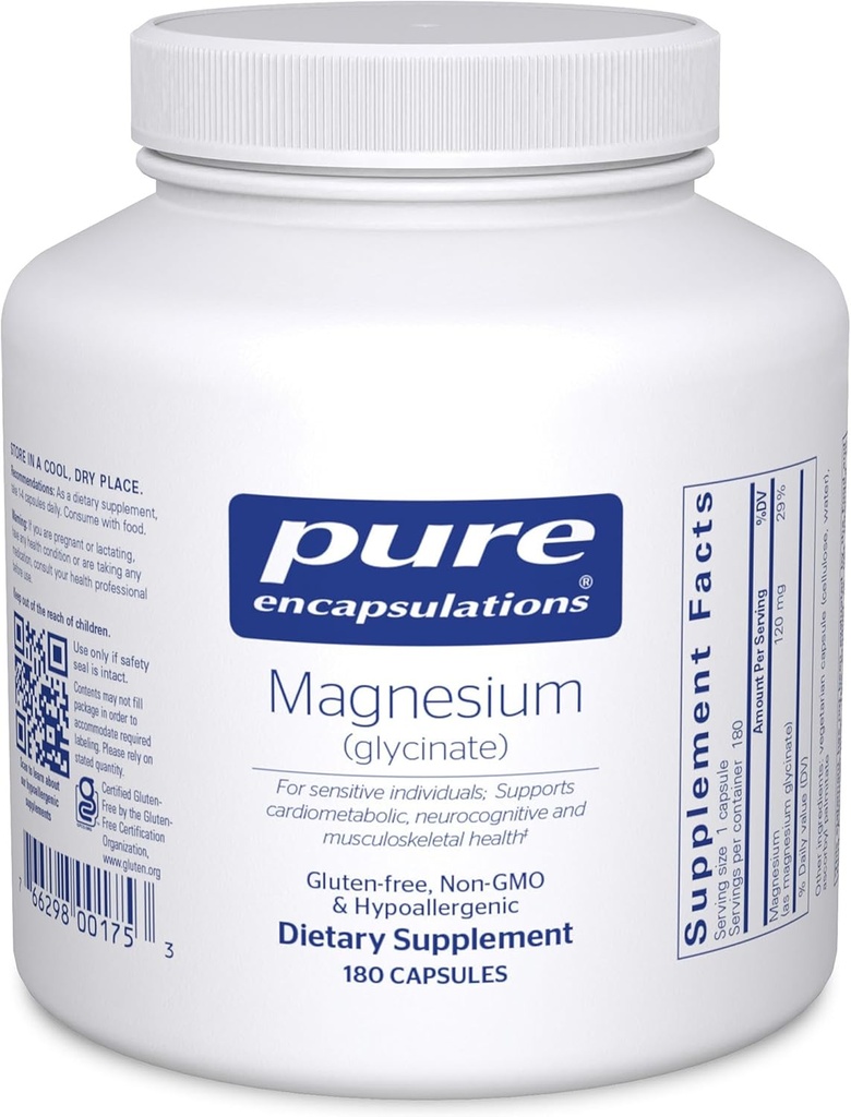 Pure indkapslinger Magnesium (Glycinat) - supplement til støtte stress Relief, søvn, hjerte sundhed, nerver, muskler, og Metabolisme * - med Magnesium Glycinat - 180 kapsler