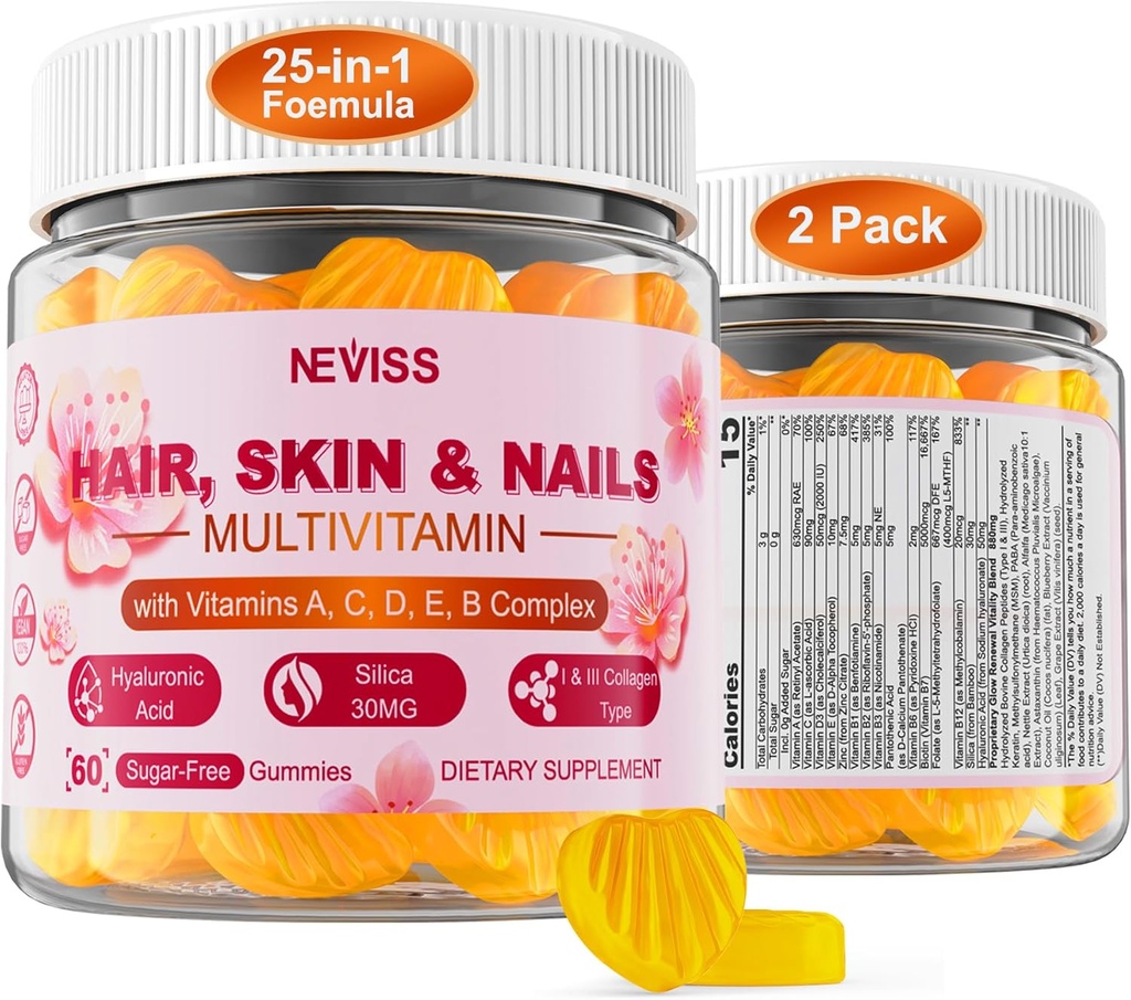 Sugar Free Multivitamin til kvinder Gummies med Biotin 5000mcg, Collagen MSM Hyaluronsyre, vitamin A C D3 E & B Complex og methylfolat & B12, Organic Multi Vitamin til hår hud negle, energi