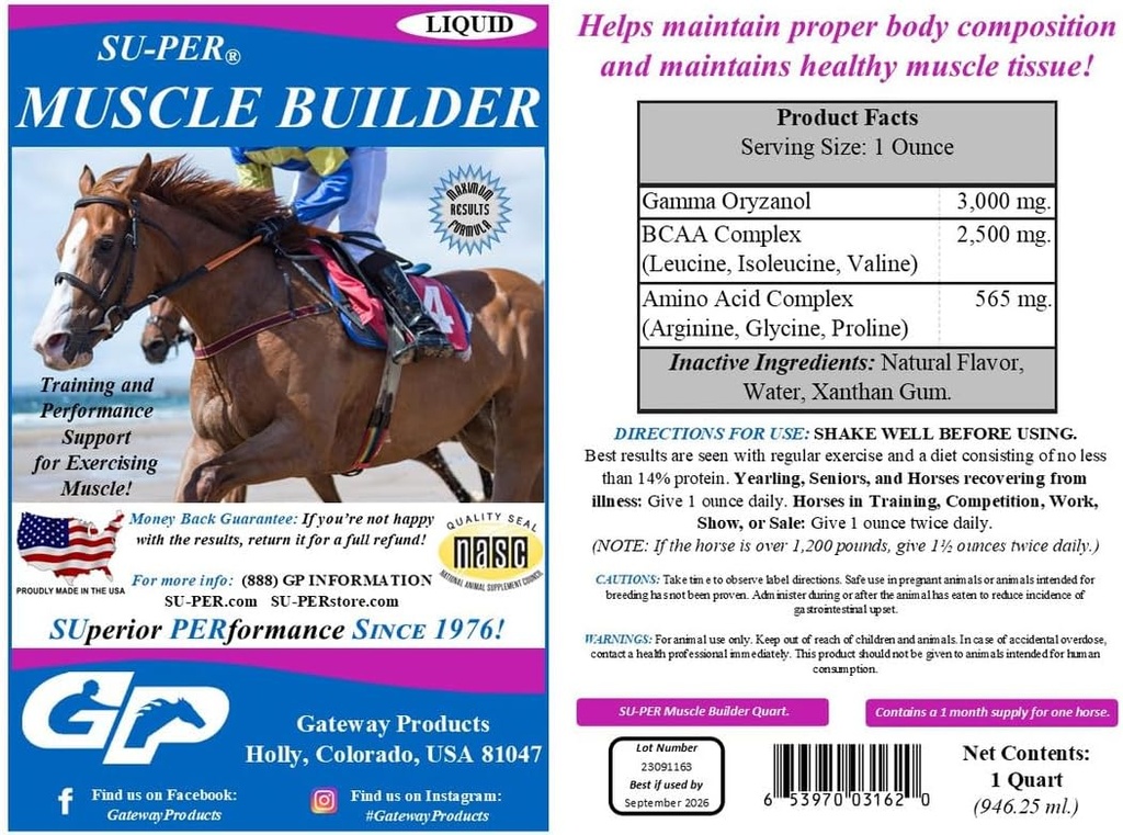 SU- PER Muscle Builder Horse Supplement - Træning og ydeevne støtte til motion muskel - 1 Gallon + Pump