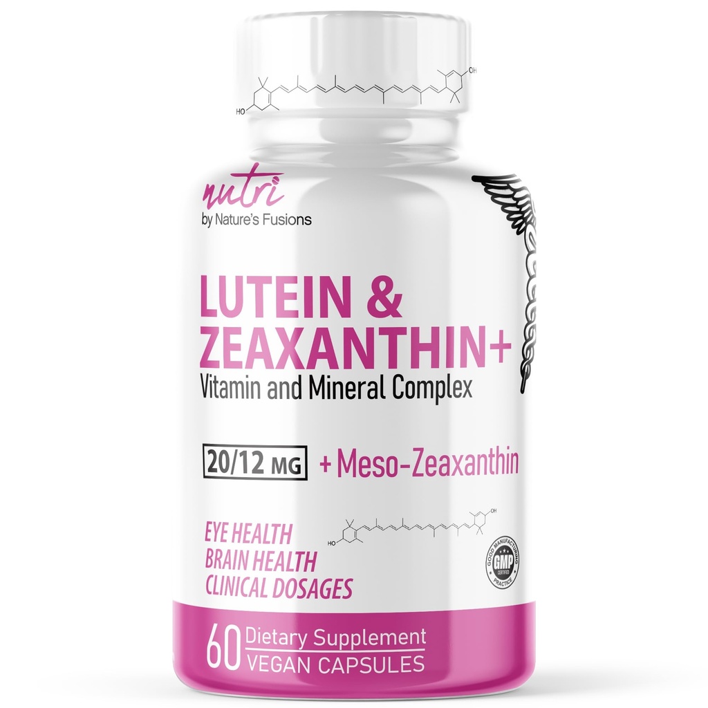 Naturens Fusions Nutri Lutein 20mg Eye Vitamin Complex - Triple Carotenoid Formel - Lutein og Zeaxanthin - Indeholder zink, Vitamin A, C, D3, E, Folate - 60 kapsler - Eye Health Kosttilskud