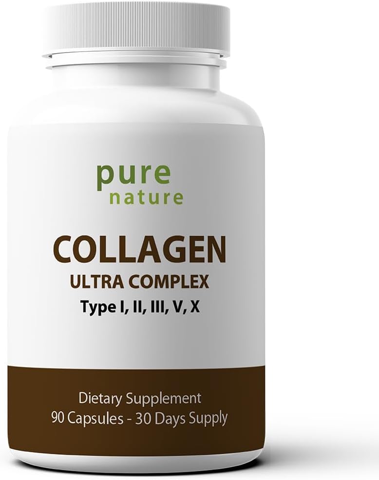 PureNature Collagen Ultra - Collagen Peptider med 5 typer I, II, III, V & X Naturligt-souced hydrolyseret collagen til hår, hud, negle og fælles støtte - 90 kapsler