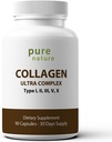 PureNature Collagen Ultra - Collagen Peptider med 5 typer I, II, III, V & X Naturligt-souced hydrolyseret collagen til hår, hud, negle og fælles støtte - 90 kapsler