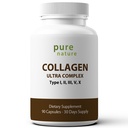 PureNature Collagen Ultra - Collagen Peptider med 5 typer I, II, III, V & X Naturligt-souced hydrolyseret collagen til hår, hud, negle og fælles støtte - 90 kapsler