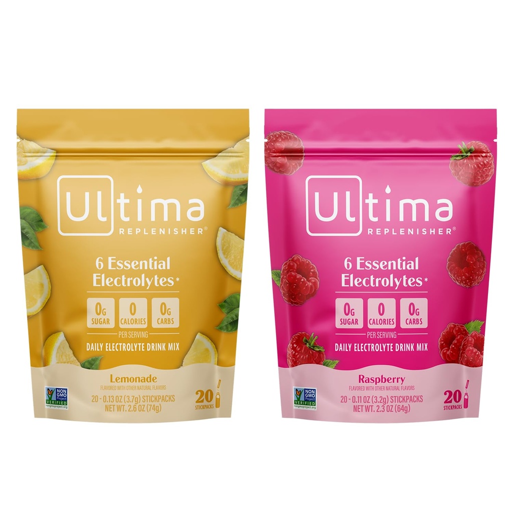 Ultima Replenisher Electrolyte Powder Drink Bundle - Sukker fri - Lemonade og hindbær, 20 Stickpacks - 6 Elektrolyter og mineraler - Keto Friendly, Vegan, Non- GMO